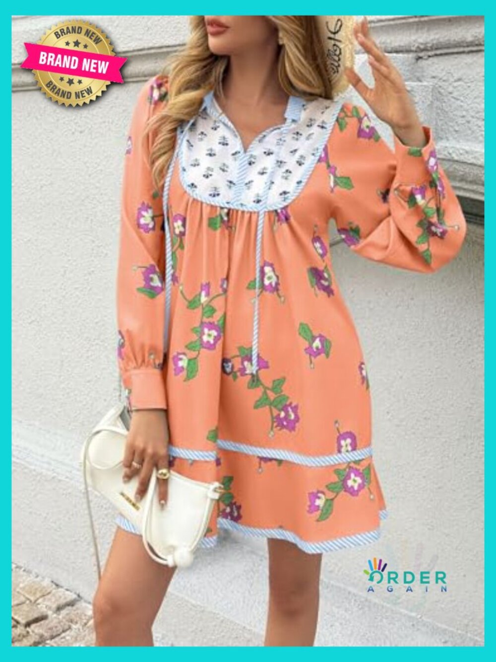 Floral Boho Babydoll Mini Dress V Neck Flowy Short Shift Long Sleeve Patchwork - Picture 3 of 7